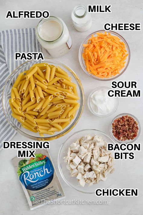 Delight in how easy this hearty chicken bacon ranch pasta recipe is! This casserole features cooked chicken, pasta, and bacon in a creamy ranch Alfredo sauce. One dish is all you need for this easy dinner! Bake this savory pasta in the oven for a quick, effortless, and family-approved meal! #theshortcutkitchen #chickenbaconranchpasta #pastabakerecipes #ranchalfredopastabake Cheddar Bacon Ranch Alfredo Pasta, Easy Chicken Ranch Pasta, Ranch Alfredo Sauce, Bow Tie Pasta And Chicken Recipes, Easy Chicken Bacon Ranch Pasta Casserole, Cheddar Bacon Ranch Chicken Alfredo, One Pot Chicken Bacon Ranch Pasta, Chicken Bacon Ranch Pasta Easy, Chicken Bacon Alfredo Pasta Bake