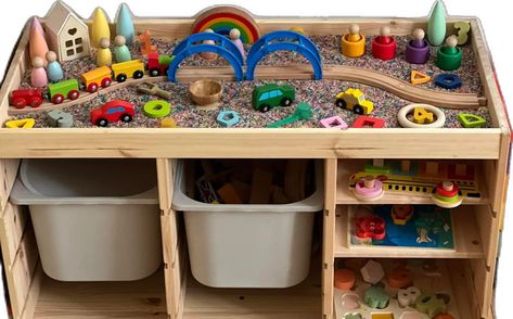 Trofast Sensory Table Hack, Trofast Activity Table, Sensory Bins For Kindergarten Classroom, Trofast Sensory Table, Loose Parts Table, Ikea Trofast Hack, Camera Montessori, Home Daycare Ideas, Montessori Diy