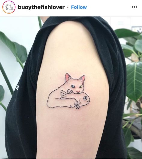 Buoythefishlover tattoo cat fish silly fine line minimal tattoo Cat And Fish Tattoo, Fish Silly, Angel Tats, Minimal Tattoos, Bts Tattoos, Ghibli Studio, Tattoo Cat, Fish Tattoo, Minimal Tattoo