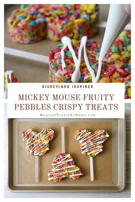 Mickey Mouse Shaped Rice Krispies, Mickey Mouse Rice Crispy Treats, Mickey Rice Krispie Treats, Mickey Mouse Rice Krispie Treats, Disney Dessert Recipes, Fruity Pebbles Treats, Crispy Treats Recipe, Rice Krispie Bars, Cereal Flavors