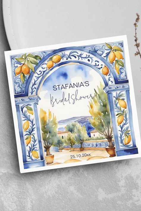 Italian Blue tiles arch lemons bridal shower tableware personalized napkins Napkins watercolor scene Tiles Mediterranean, Lemon Themed Party, Majolica Tiles, 24 Birthday, Bridal Shower Napkins, Italian Blue, Unique Canvas Art, Beautiful Wedding Decorations, Party Invite Design