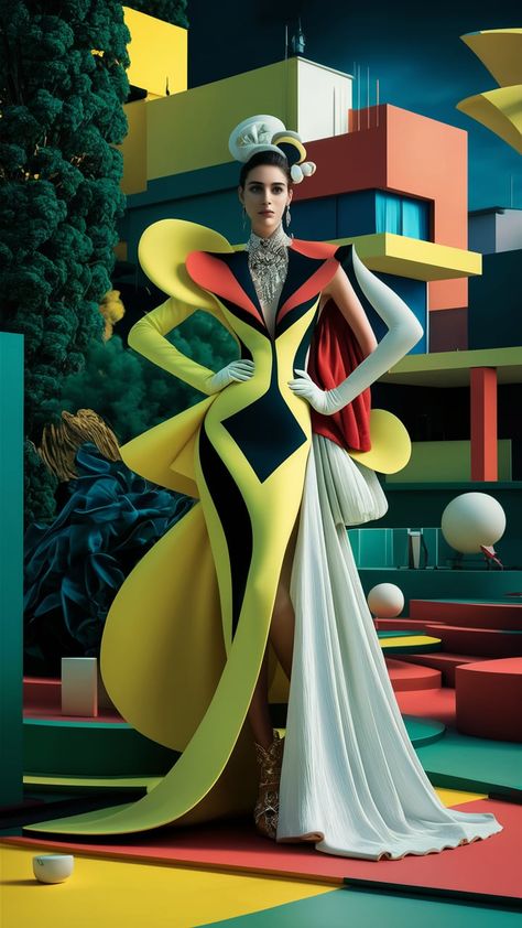 Explore a visually striking fashion photography print featuring a captivating model in bold, geometric attire. Inspired by the Bauhaus movement, this surreal setting merges lush greenery with architectural elements. Dramatic lighting enhances the textures and details, showcasing contemporary elegance and the artistry of fabric. Perfect for fashion enthusiasts and art lovers alike. #FashionPhotography #AvantGarde #Bauhaus #ContemporaryArt Bauhaus Art Movement, Pop Art Fashion Photography, Bauhaus Fashion, Cubism Fashion, Surreal Fashion, Avant Garde Architecture, Avantgarde Fashion, Pop Art Fashion, Bauhaus Movement