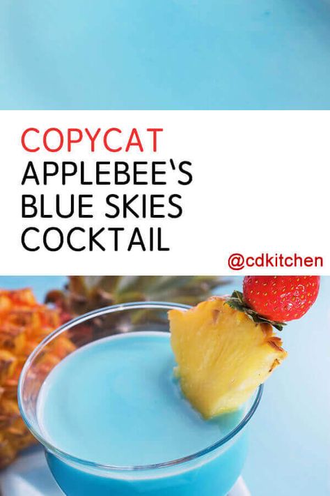 Copycat Applebee's Blue Skies Cocktail - Blue curacao with peach schnapps and pina colada mix makes a gorgeous looking drink that's sure to turn heads. Bonus: it's tasty, too!. Made with peach schnapps, pina colada mix, blue curacao, fresh pineapple | CDKitchen.com Peach Schnapps Drinks, Copycat Drinks, Pina Colada Mix, Curacao Drink, Blue Curacao Drinks, Vodka Slush, Magic Bullet Recipes, Weight Watcher Smoothies, Strawberry Vodka