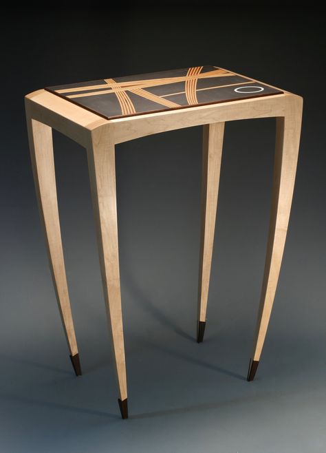 Wood Side Table - This eye-catching table is constructed of maple with wenge wood detailing and features an inlay design of bent laminations veneer strips laid into a bed of pigmented epoxy.<br><br>With its dynamic patterns, this one-of-a-kind table serves as a whimsical metaphor for todays world. The patterns of multiple linear designs intersecting and crossing each other beg the tables titular question: Where Are We Going? Arts And Craft Furniture Design, Wood Inlay Designs, Japanese Coffee Table, Small Easy Woodworking Projects, Where Are We Going, Wood Table Legs, Mod Furniture, Console Table Design, Inlay Design