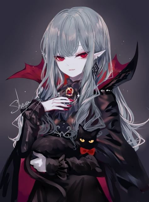 Parted Lips, Long Fingernails, Pointy Ears, Black Cape, Cat Black, Date A Live, Grey Background, Cat Earrings, Red Eyes