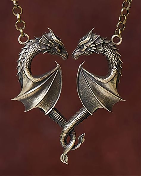 Necklace For Couples, Love Dragon, Wings Jewelry, Fantasy Pendant, Dragon Heart, Silver Dragon Necklace, Double Dragon, Celtic Dragon, Wing Jewelry