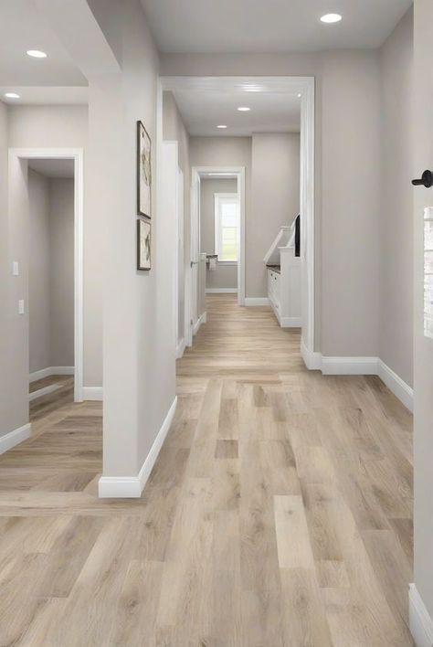 Vinyl Flooring With Light Gray Walls, Vinyl Flooring Accent Wall, Light Wood Floors With Grey Walls, Light Laminate Flooring Living Room, Living Room And Kitchen Flooring Ideas, Floor Remodeling Ideas, Living Room Light Floors, Wall And Floor Color Combination, House Colors Interior Ideas