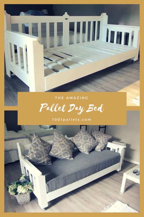 Day pallet bed for our guest house made with recycled wooden pallets and then white painted it.    #Bedroom, #LivingRoom, #PalletBed, #PalletFurniture, #PalletLounge, #RecyclingWoodPallets #DIYPalletBed,PalletHeadboardFrame Palate Projects, Pallet Day Bed, Pallet Bed Headboard, Pallet Daybed, Diy Lounge, Recycling Projects, Pallet Lounge, Reuse Ideas, Diy Daybed