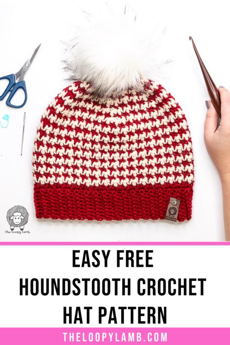 Easy Free Houndstooth Crochet Hat Pattern Free Beanie Pattern, Houndstooth Crochet, Crochet Ornament Patterns, Crochet Hat Free, Crochet Knit Hat, Vendor Booth, Crochet Beanie Hat, Crochet Beanie Pattern, Crochet Hats Free Pattern