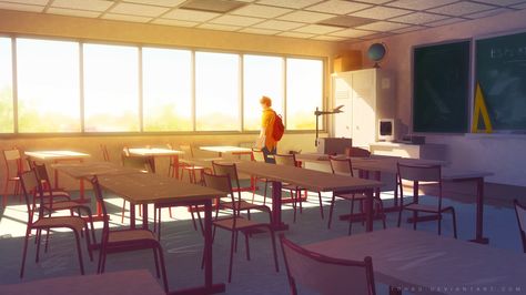 IAMAG University - Environment Design & Concept Art for Video Games with Sylvain Sarrailh Classroom Background, Anime Classroom, Environment Design, Original Wallpaper, Anime Background, Wooden Tables, Anime Scenery, Motion Design, Digital Illustration