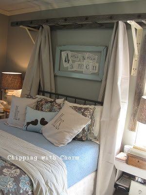 Old Ladder Ideas, Canopy Bed Diy, Primitive Bedroom, Old Ladder, Driven By Decor, Vintage Ladder, Backyard Canopy, Diy Canopy, Diy Furniture Bedroom