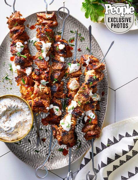 Fabio Viviani's Grilled Lamb Kebabs with Parmesan-Yogurt Sauce | PEOPLE.com Fusilli Recipes, Fabio Viviani, Lamb Kabobs, Boneless Leg Of Lamb, Lamb Kebabs, Grilled Lamb, Cauliflower Bites, Party Dishes, Yogurt Sauce