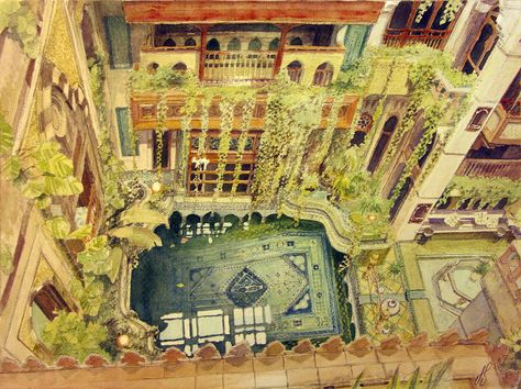 Inner Courtyard Design, Angawi House, Buildings Painting, Utopian City, Novel Inspiration, Jeddah Saudi Arabia, Genius Loci, Inner Courtyard, Liquid Watercolor