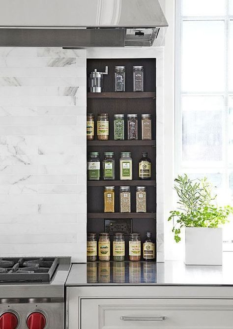 Clever Kitchen Storage Ideas For The New Unkitchen - laurel home Unfitted Kitchen, Clever Kitchen Storage, Marble Backsplash, Kitchen Marble, Apartment Kitchen, Sliding Panels, Spice Rack, Traditional Kitchen, Dream Kitchen