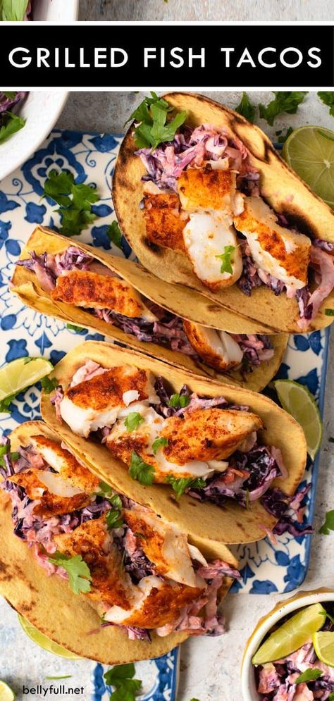 Mild fish is grilled and paired perfectly with a simple spice rub, crunchy kicked-up coleslaw, and corn tortillas! #grilledfish #grilledfishtacos #fishtacoshealthy Grilled Fish Tacos, Grilled Fish Recipes, Fish Dinner Recipes, Taco Pasta, Taco Pizza, Fish Tacos Recipe, Taco Dip, Healthy Tacos, Fish Recipes Healthy