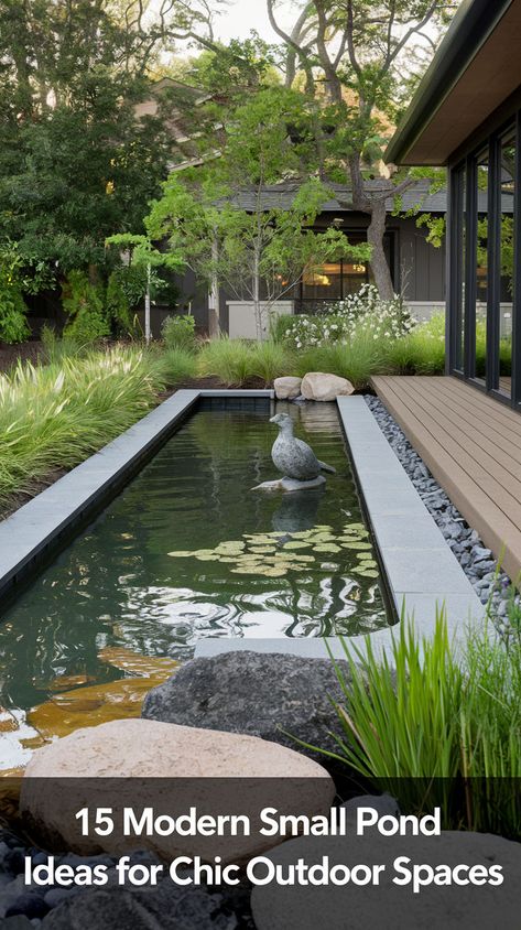 Discover 17 stunning small pond ideas that can elevate any backyard. From charming fish ponds to minimalist water features, these designs fit perfectly in limited spaces. Explore how to create your serene oasis with simple DIY setups and budget-friendly tips. Fish Ponds Ideas, Modern Koi Pond Design, Rectangular Pond, Small Pond Ideas, Pond Building, Small Backyard Ponds, Koi Pond Design, Diy Pond, Small Pond