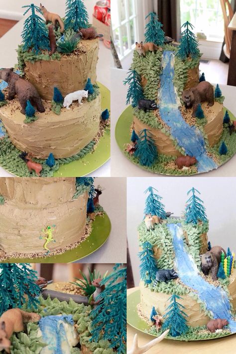 Hunter Birthday Cake, Forest Themed Cake, Forest Cake Design, Wildlife Cake, Deer Hunting Party, Waterfall Cake, Woodland Birthday Cake, Hunter Birthday, Wolf Cake