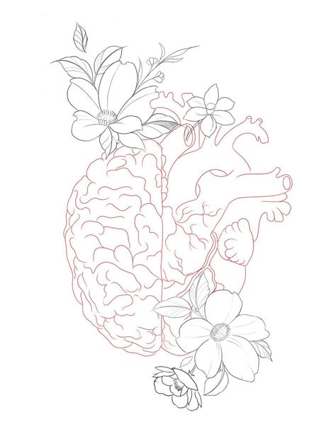 Brain Heart Flower Tattoo, Heart And Brain Tattoo With Flowers, Anatomical Heart Drawing Flowers, Balance Heart And Brain Tattoo, Brain With Flowers Tattoo, Brain Tattoo Ideas, Healer Tattoo, Brain With Flowers, Healthcare Tattoo