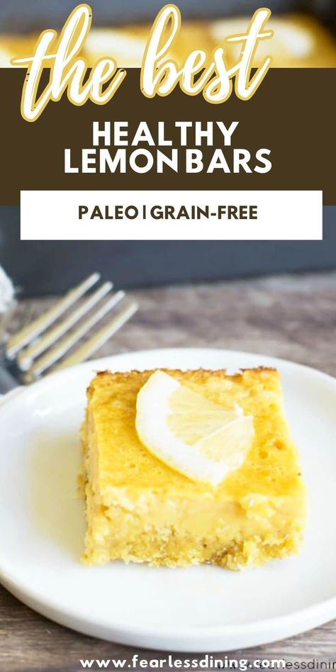 These creamy delicious Paleo Lemon Bars make an awesome snack! This paleo lemon bar recipe is refined sugar-free, dairy-free, gluten free, grain-free, and absolutely irresistible! Everyone will love this healthy lemon bars recipe. Recipe at www.fearlessdining.com Dairy Free Lemon Bars, Gluten Free Lemon Desserts, Healthy Lemon Bars, Sugar Free Lemon Bars, Paleo Lemon Bars, Dairy Free Deserts, Grain Free Diet Recipes, Lemon Bar Recipe, Gluten Free Lemon Bars