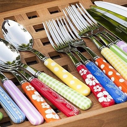 Cool Silverware, Colorful Cutlery, Eclectic Dishes, Crowded Table, Cottagecore Life, Eclectic Kitchen, Happy Kitchen, Pastel House, Homewares Shop