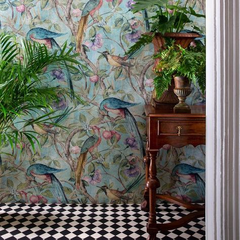 Twisted Branches, Orange Bathrooms, Teal Wallpaper, Chinoiserie Style, Small Living Room Decor, Bird Wallpaper, Orange Tree, Wallpaper Direct, Rich Green