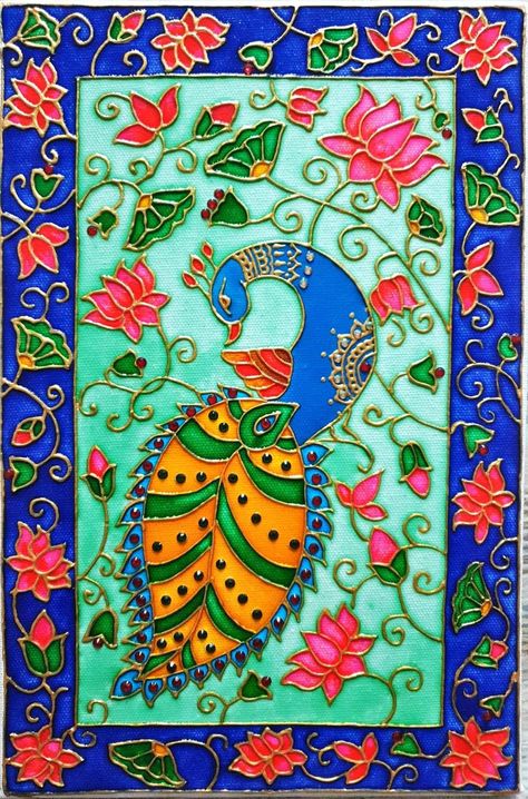 Madhubani Glass Painting, Meenakari Painting Design Outline, Meenakari Art Design, Meenakari Painting Design, Meenakari Painting On Canvas, Minakari Painting, Meenakari Painting, Meenakari Art, 3d Relief Art