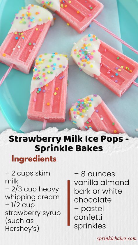 Strawberry Milk Ice Pops is a nostalgic treat that will keep you cool on a hot summer's day! Made with strawberry syrup, milk and cream. Popsicle Ideas, Milk Popsicles, Breakfast Picnic, Strawberry Stuff, Strawberry Syrup, Strawberry Milk, Kids Food, Ice Pops, Snacks Recipes