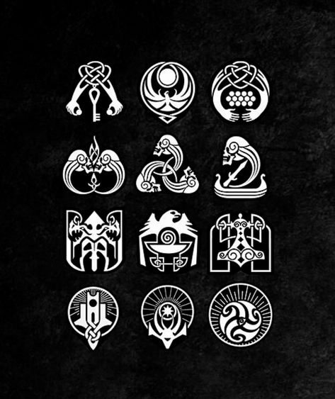 Skyrim symbols of factions and guilds design Skyrim Symbol, Elder Scrolls Tattoo, Skyrim Tattoo, Skyrim Dragon, Flat Logo Design, Elder Scrolls Skyrim, Game Gui, Ui Patterns, Rpg Map