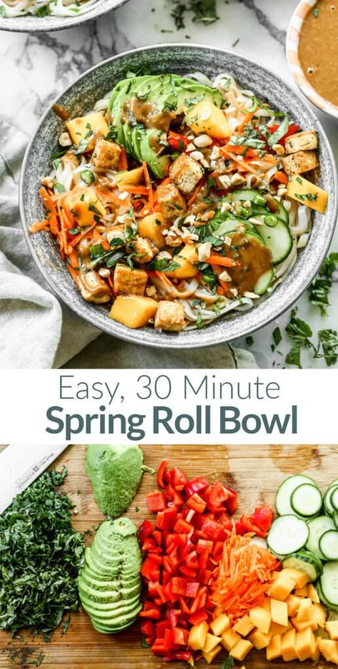 Spring Bowl Recipe, Spring Roll Dinner Ideas, Chicken Spring Roll Salad, Thai Spring Roll Salad, Spring Roll Lunch Ideas, Spring Roll Salad With Spicy Ginger, Spring Roll Vermicelli Bowl, Spring Rolls Salad, Spring Roll Noodle Bowl