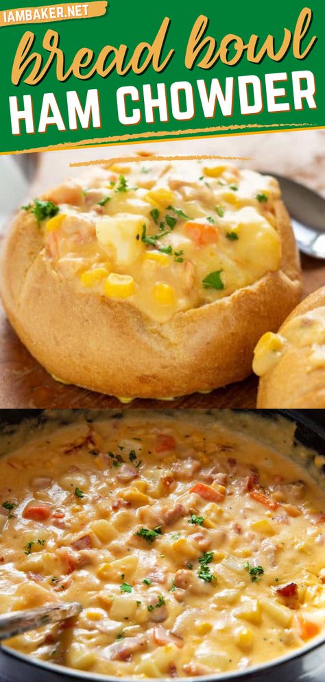 Bread Bowl Filling Ideas, Bread Bowl Soup Ideas, Soups For Bread Bowls, Bread Bowl Soup Recipe, Bread Bowl Ideas, Bread Bowl Soup, Ham Chowder, Bread Bowl Recipe, Ham Dinner