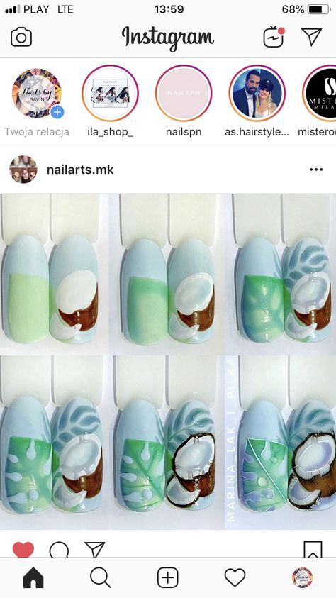 Coconut Girl Fashion, Nail Gel Colors, Coconut Nail Art, Nail Art Fruit, Sea Nail Art, Nail Art Winter, Coconut Aesthetic, Cook Art, Neutral Nail Art