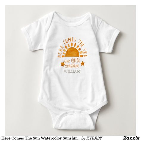 Here Comes The Sun Watercolor Sunshine Baby Name Baby Bodysuit Painted Sun, Here Comes The Son, Boho Baby Clothes, Sunshine Baby Showers, Sunshine Birthday, Watercolor Baby Shower, Sunshine Yellow, Beach Baby, Son Gift