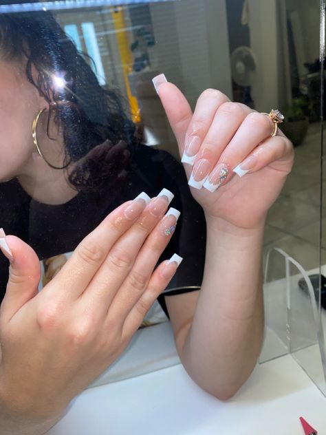 White French Tip Nails With Gems, White French Tip Nails With Diamonds, French Tip Nails With Diamonds, Diamond French Tip Nails, French Tip With Diamonds, Nail Design For Wedding, French Tip With Gems, Maroon Nail Art Designs, Acrylics Aesthetic