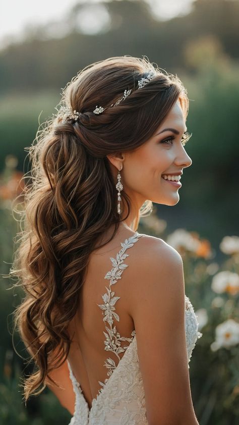 Princess Kate Wedding Hair, Bride Wedding Hair Long, Wedding Hair Brunette With Veil, Wedding Hair For Sleeveless Dress, Bridal Hairstyle Down With Veil, Wedding Hair For Mermaid Dress, Long Hair Veil Hairstyles, Bride Hairstyles With Veil Updo Romantic, Simple Elegant Wedding Hairstyles