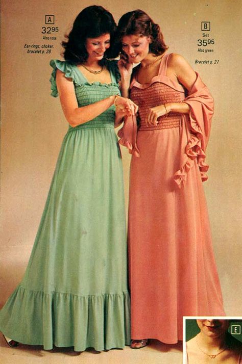 Soft Swing Ankle Sweepers from a 1975 catalog #1970s #vintage #fashion #dresses 70s Semi Formal Dress, 1970’s Dresses, 1970s Formal Fashion, 1970s Dresses Formal, 70s Prom Dress 1970s, 1970s Fashion Dresses, 1970s Prom, 1975 Fashion, 70s Inspiration