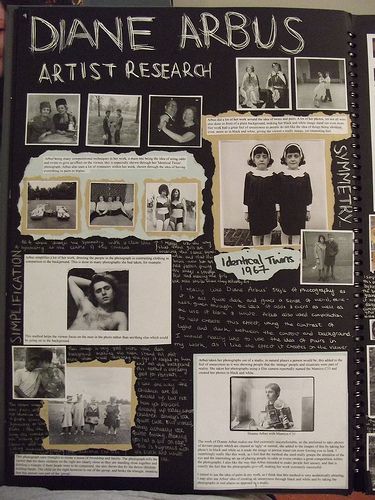 An artist research page of Diane Arbus in this photography sketchbook. Artist Research Page, Artist Research, Photography Sketchbook, Sketchbook Layout, Textiles Sketchbook, A Level Photography, Art Alevel, Gcse Art Sketchbook, A Level Art Sketchbook