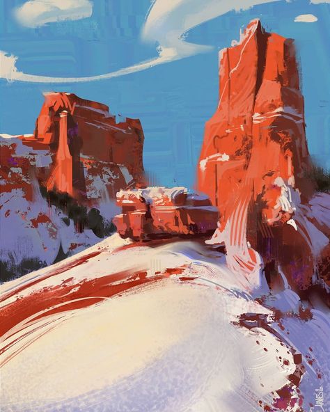 ArtStation - Red mountain Environment Painting, Red Mountain, Astuces Diy, Landscape Concept, Desert Art, Architecture Painting, Landscape Background, Red Rocks, Matte Painting