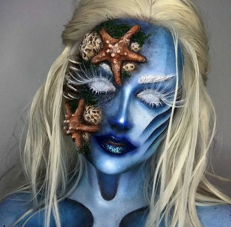 Sea Witch Makeup Halloween, Thalassophobia Makeup, Monster Sfx Makeup, Halloween Makeup Ideas 2022, Mermaid Prosthetic Makeup, Siren Prosthetic Makeup, Theatrical Makeup Special Effects, Deep Sea Makeup, Mermaid Sfx Makeup