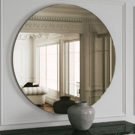 Tinted Mirror Wall, Bronze Tinted Mirror, Warm Bedroom Colors, Tinted Mirror, Warm Bedroom, Bronze Mirror, Circular Mirror, Mirror Glass, Green Grey