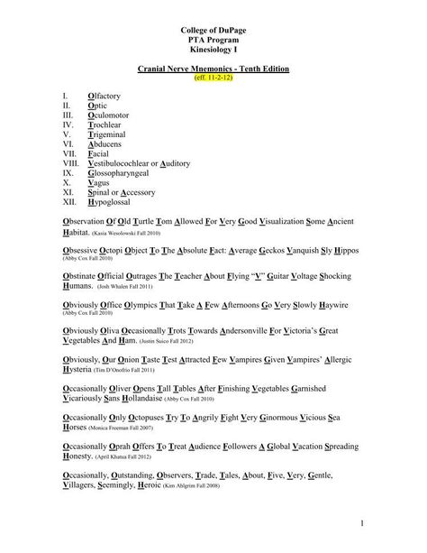 Tenth Edition of Cranial Nerve Mnemonics.pdf - College of DuPage Pta Programs, Anatomy Help, Nbcot Exam, College Of Dupage, Cranial Nerves Mnemonic, Study Stuff, Nursing Mnemonics, Cranial Nerves, Nursing School Studying