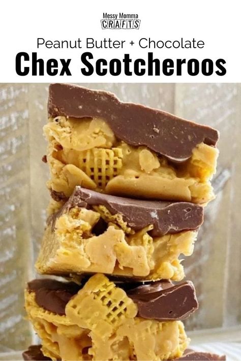 These Chex Scotcheroos are made with peanut butter, butterscotch and chocolate. Make this easy homemade bar treat for your kids to enjoy. Find the recipe on Messy Momma Crafts. #MessyMommaCrafts Chex Scotcheroos, Chex Bars, Scotcheroos Recipe, Chocolate Chex, Chex Cereal, Homemade Chocolate Chips, Homemade Goodies, Chex Mix Recipes, Parmesan Recipes