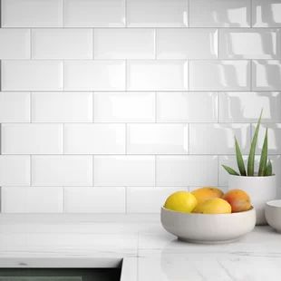 Annika 6" x 10" Porcelain Field Tile | AllModern Beveled White Subway Tile Backsplash, Glossy Subway Tile Backsplash, Subway Backsplash Kitchen, Kitchen Tiles Ideas Wall, Kitchen Tiles White, Kitchen Subway Tile Backsplash, Kitchen Ceramic Wall, White Backsplash Kitchen, White Subway Tile Kitchen Backsplash