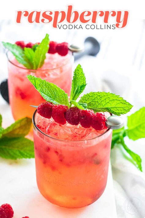 Raspberry Collins with Vodka and Mint | A balance of sweet and sour, this raspberry collins cocktail is made fresh and fruity with muddled raspberries and a garnish of mint leaves. This cocktail uses only a few simple, basic ingredients, making it easy to make for groups. Raspberry Cocktail Vodka, Cocktails With Raspberry Vodka, Drinks With Raspberry Vodka, Raspberry Alcoholic Drinks, Raspberry Sour Cocktail, Raspberry Vodka Cocktails, Raspberry Gin Cocktail, Raspberry Drinks, Raspberry Vodka Drinks