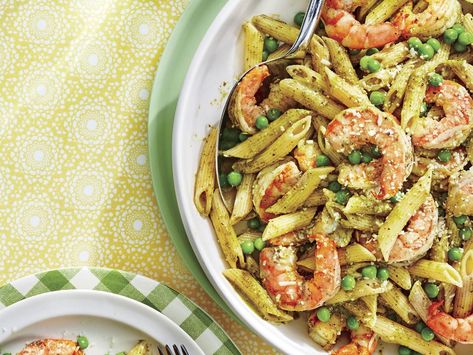 30 Creamy Pasta Recipes Shrimp And Peas, Pasta And Shrimp, Shrimp And Pasta, Pasta With Shrimp, Pesto Shrimp, Pesto Recipes, Southern Living Recipes, 5 Ingredient Dinners, Cherry Tomato Pasta