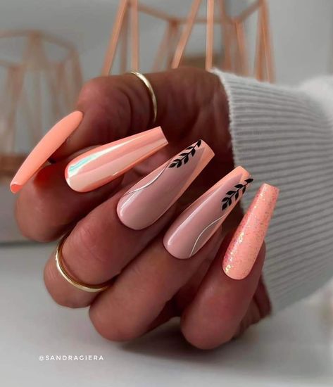 Black And Peach Nails, Peach And Black Nails, Nail Shapes And Designs, Peach Nail Designs, Summer Coffin Nails, Luminous Nails, August Nails, Better Lifestyle, Peach Nails