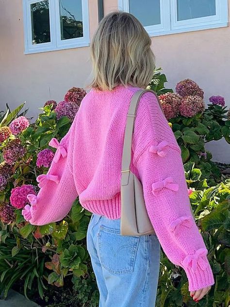 Gentle Bow Symphony Sweater - Pink / L Pink Autumn Aesthetic Outfits, How To Style A Pink Sweater, Pink Women Outfits, Colorful Feminine Outfits, All Pink Outfit Aesthetic, Pink Longsleeves Outfit, Pink Top Outfit Ideas, Casual Pink Outfits, Pink Casual Outfit