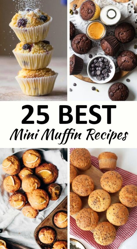 Mini muffin recipes pin. Mini Muffins For Brunch, What To Make In Mini Muffin Pan, Mini Muffin Christmas Treats, Mini Muffin Flavors, Muffins To Sell, Coffee Cake Mini Muffins, Bisquick Mini Muffins, Little Debbie Mini Muffins Recipe, Mini Muffin Dessert Recipes