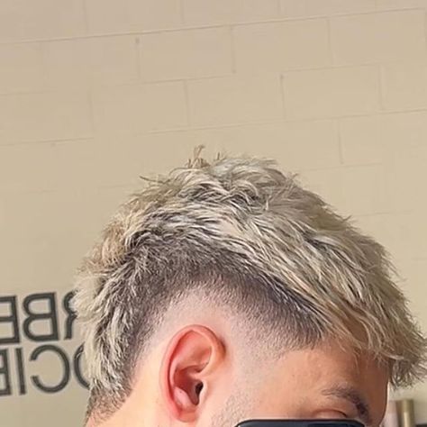 Dimi Furkaliev on Instagram: "BLEACHED BURST FADE ❄️   #bleachedhair #burstfade #haircut #hairstyle #fadehaircut #menshaircut" Blonde Burst Fade, Blonde Fade Haircut Men, Bleached Mohawk, Bad Bleached Hair, Mens Blonde Highlights, Blonde Haircut Men, Men Colored Hair, Bleached Mullet, Burst Fade Mohawk