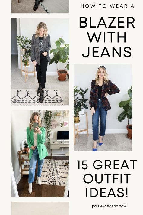 Here are 15 amazing blazer and jean outfit ideas that you can try! You will love these ideas for every day, work, or date night. Casual Work Outfits Blazer, Womens Jeans And Blazer Outfits, Tweed Blazer Outfit Women Jeans, Jeans Boots And Blazer Outfit, Jeans And Blazer Outfit Fall, Country Blazer Outfit, Blazer Looks For Women, Style Long Blazer, Tweed Blazer Outfit Women