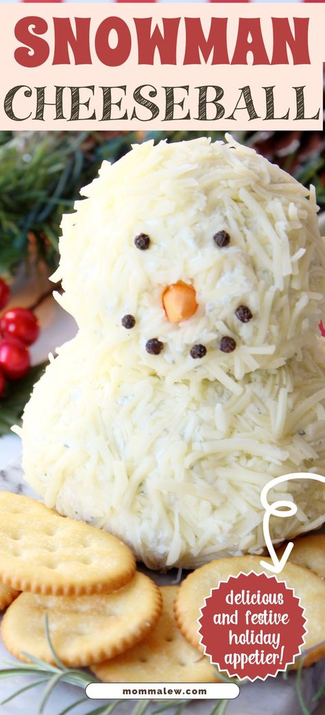 snowman cheeseball Cheese Ball Christmas, Unique Holiday Recipes, Snowman Cheese Ball, Christmas Tree Veggie Tray, Snowman Cheeseball, Cheese Ball Recipe, Christmas Cheese, Christmas Appetizers Party, Holiday Appetizers Recipes